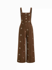 Corduroy Floral Backless Pocket Wide Leg Jumpsuit