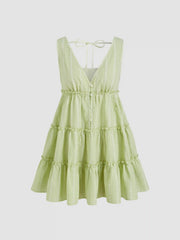 Cotton-blend V-neck Check Knotted Lettuce Trim Somck Mini Dress