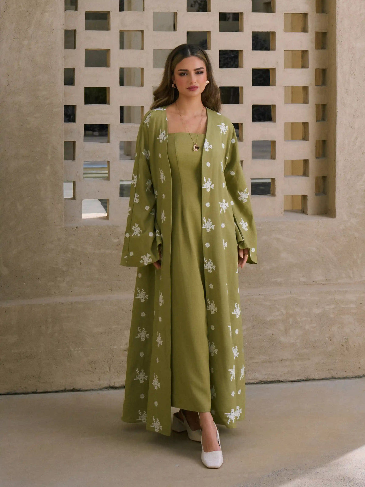 Two Pieces Square Neck Maxi Dress & Floral Embroidery Bell Sleeve Open-front layer
