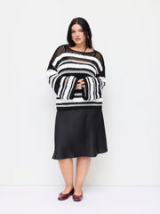 Knit Striped Boat Neck Hollow Out See-through Oversized Top Curve & Plus