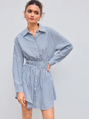 Cotton-blend Collar Striped Shirred Button Mini Shirt Dress