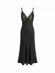 Satin V-Neck Lace Panel Mermaid Maxi Dress