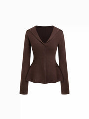 Knit Collar Long Sleeve Ruffle Hem Top