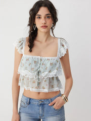 Floral Lace Square Neck Ruffle Sleeve Oversized Crop Top