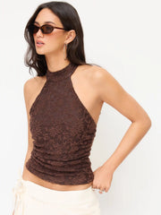 Lace Halter Neck Ruched Backless Pearl Detail Top