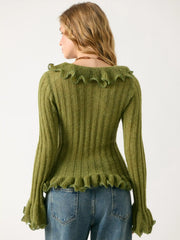 Wool-blend Knit V-Neck Lettuce Trim Ruffle Sleeve Cardigan