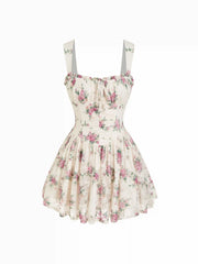 Floral Lace Square Neck Ruffled Bowknot Babydoll Dress