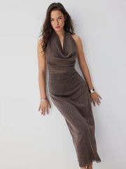 Metallic Cowl Neck High Rise Straight Maxi Dress
