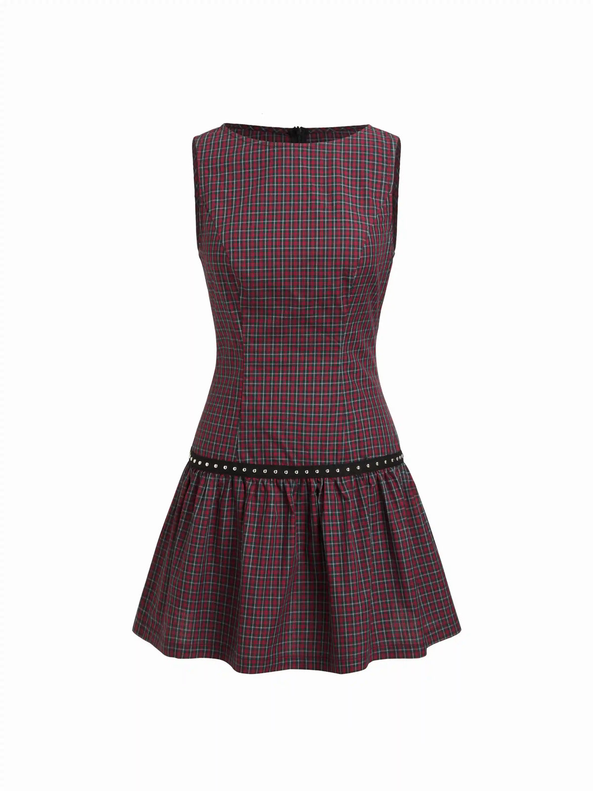 Cotton-blend Round Neck Plaid Studded A-line Mini Dress