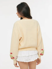Knit Strawberries & Flowers Embroidery V-neck Lantern Sleeve Cardigan