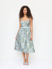 Jacquard Sculptural Floral Square Neck Lace Up Flared Midi Dress