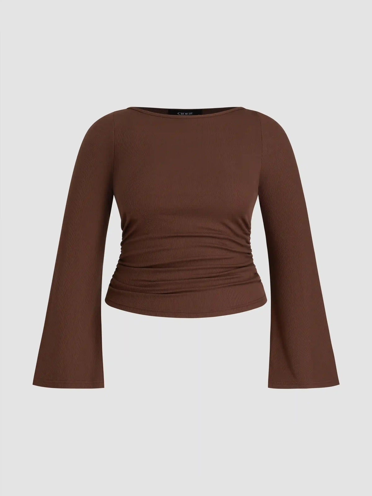Boat Neck Solid Ruched Long Sleeve Tee Curve & Plus