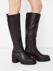SQUARE TOE CHUNKY HEELED FAUX LEATHER KNEE HIGH BOOTS