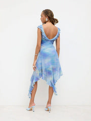 Mesh V-neck Abstract Cut Out Knotted Asymmetrical Ruffle Hem Maxi Dress