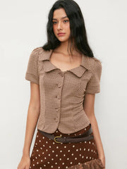 Jacquard Houndstooth Button Short Sleeve Blouse