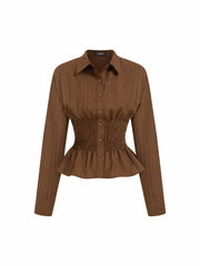Collar Long Sleeve Shirred Ruffled Hem Blouse