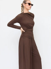 Draped Ruched Top & Mid Rise Elastic Waist Wide Leg Trousers Set