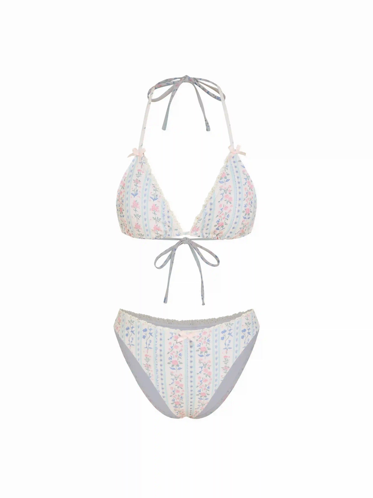 Floral Halter Lace Trim Triangle Cheeky Bikini Set