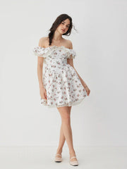 Floral Off-shoulder Ruffle Sleeve Lace Panel Babydoll Mini Dress