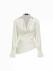 Satin Cowl Neck Asymmetrical Hem Long Sleeve Blouse