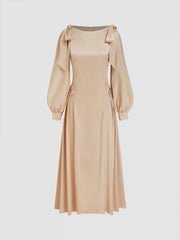 Boat Neck Bowknot Ruffle Puff Sleeve Maxi Dress