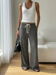 Mid Rise Stripe Drawstring Wide Leg Trousers
