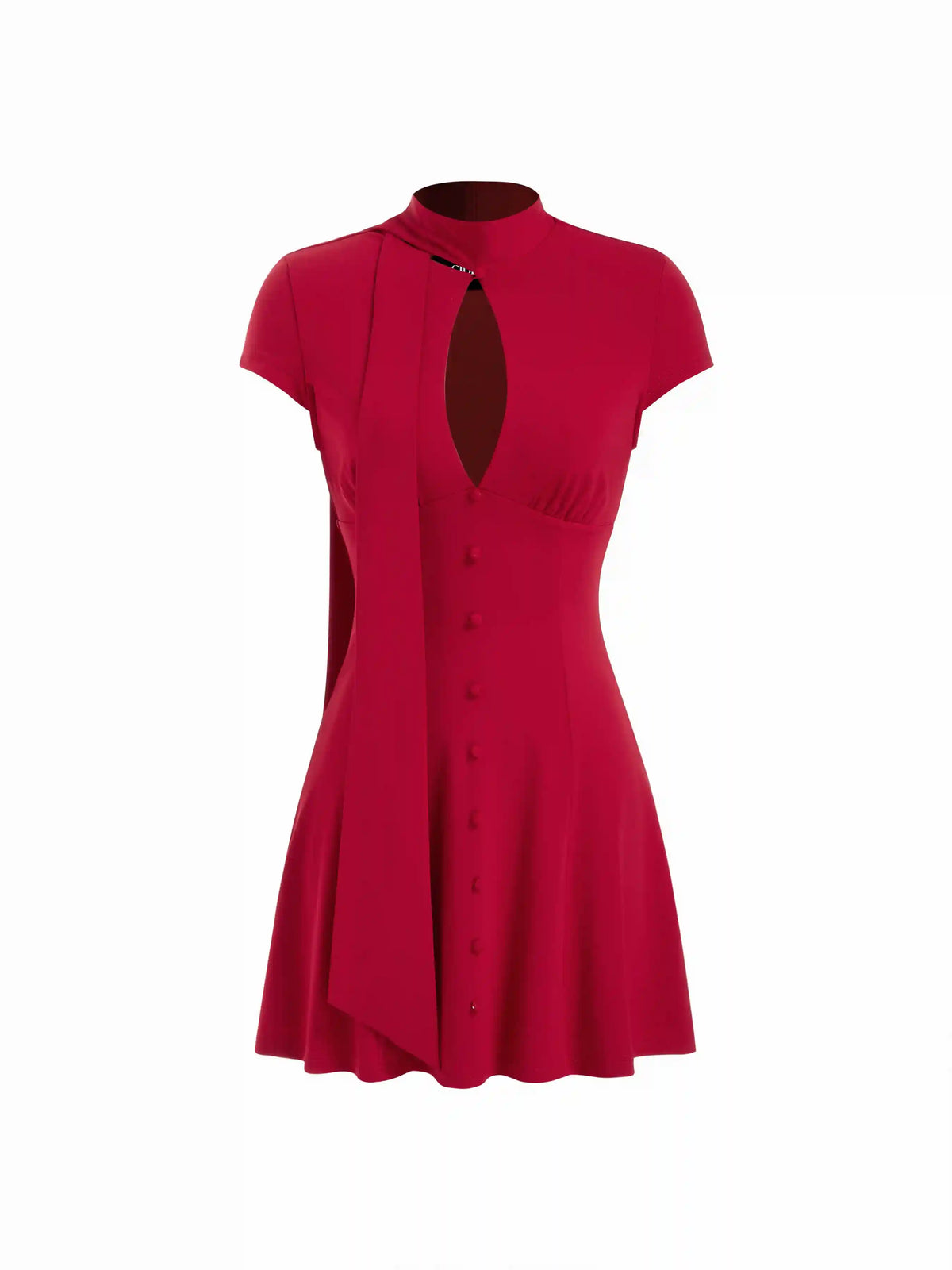 High Stretch Solid Stand Collar Cut Out A-line Mini Dress With Scarf