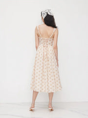 Cotton Square Neck Ditsy Floral Lace Up Maxi Dress