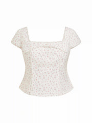 Cotton-blend Floral Square Neck Lace Trim Bowknot Blouse Curve & Plus
