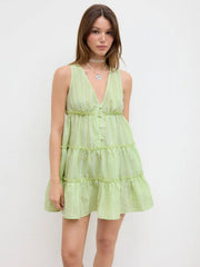 Cotton-blend V-neck Check Knotted Lettuce Trim Somck Mini Dress