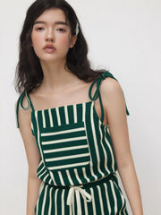 Square Neck Stripe Drawstring Knotted Romper