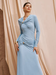 Asymmetrical Ruched Twist Metal Detail Long Sleeve A-line Maxi Dress