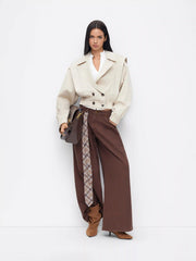 Cotton Notched Collar Double Breasted Elastic Waist Cropped Jacket