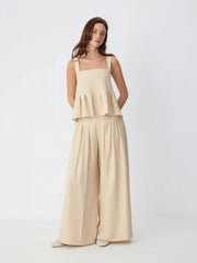 Square Neckline Pleated Cami Top & Mid Rise Wide Leg Pants Set