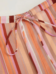 Striped Mid Rise Drawstring Wide Leg Trousers