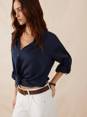 Satin Twist Knotted Long Sleeve Crop Blouse