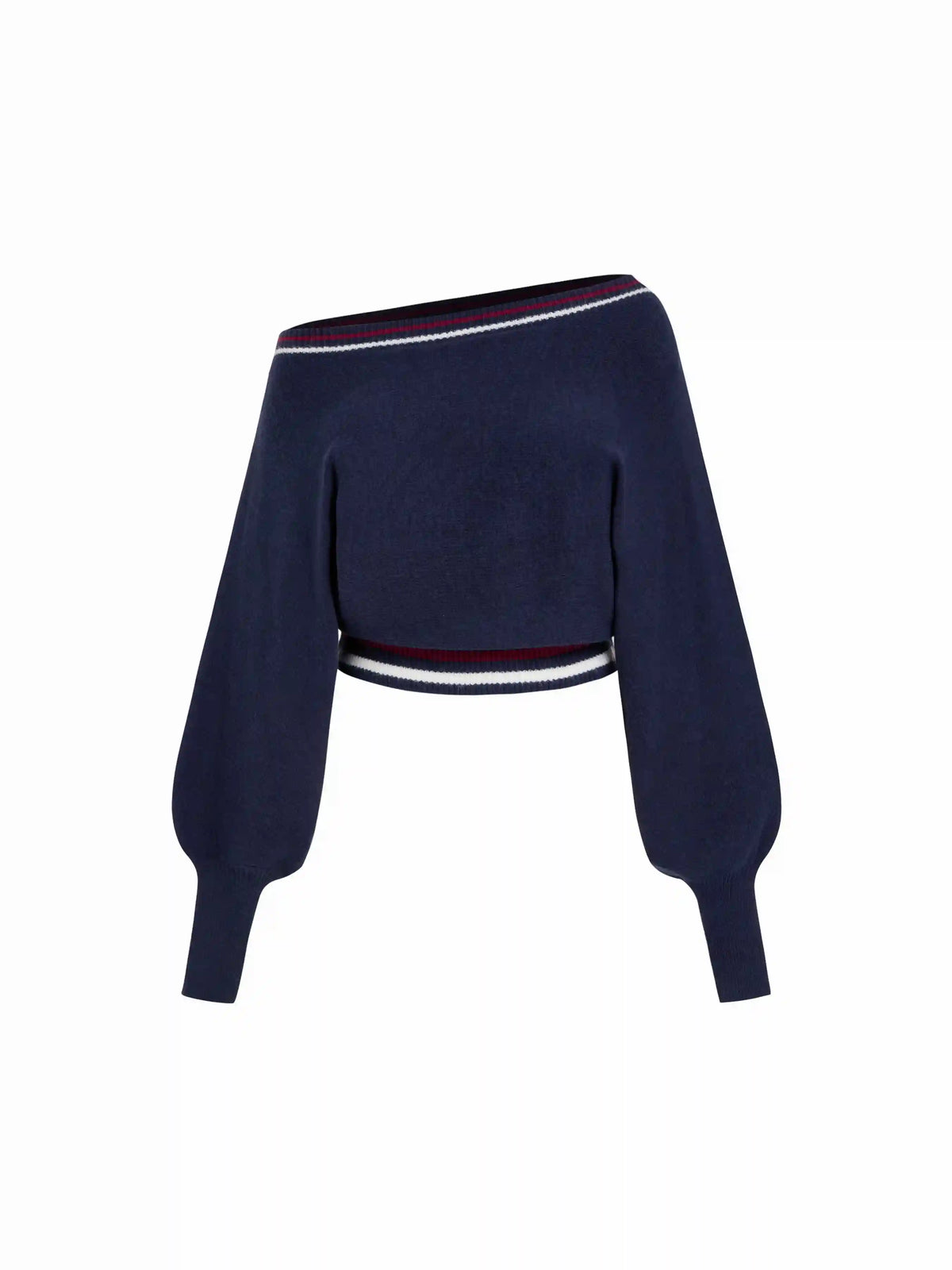 Knit Asymmetrical Neck Crop Top With Striped Trim
