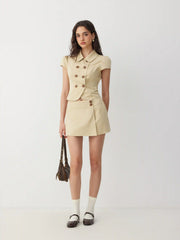 Cotton-blend Peter Pan Collar Puff Sleeve Metal Detail Double Breasted Blouse