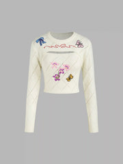 Wool-blend Round Neckline Floral Butterfly Knitted Crop Long Sleeve Top