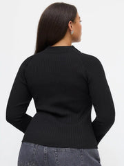 Knit Collar Button Long Bell Sleeve Top Curve & Plus