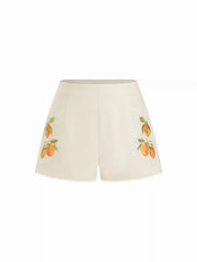Linen-blend Fruit Graphic Mid Rise Embroidery Shorts