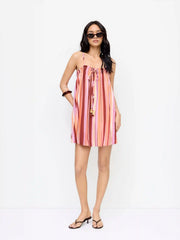 Striped Square Neck Beaded Knotted Lettuce Trim Oversized Mini Dress