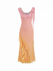 Mesh Scoop Neck Ruffled Asymmetrical Hem Mermaid Maxi Dress