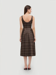 Square Neck Check Pleated Zipper Maxi Dress