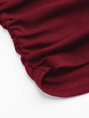 Cotton-blend Boat Neck Solid Ruched Long Sleeve Tee