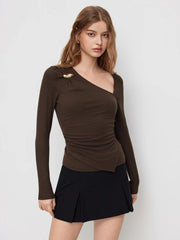 Asymmetrical Neck Long Sleeve Metal Detail Ruched Top