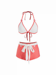 Halter Neckline Checks Belted Contrasting Binding Triangle Shorts Bikini Set