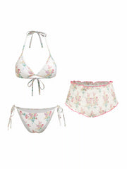 Halter Neckline Floral Tie Side Bikini Set With Smocked Lettuce Trim Shorts