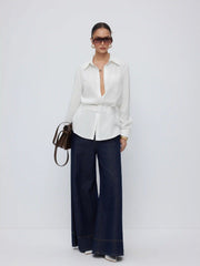 Linen-blend Longline Long Sleeve Shirt with Belt