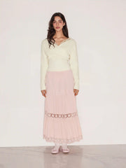 Knit V-neck Solid Lace Trim Wrap Long Sleeve Top